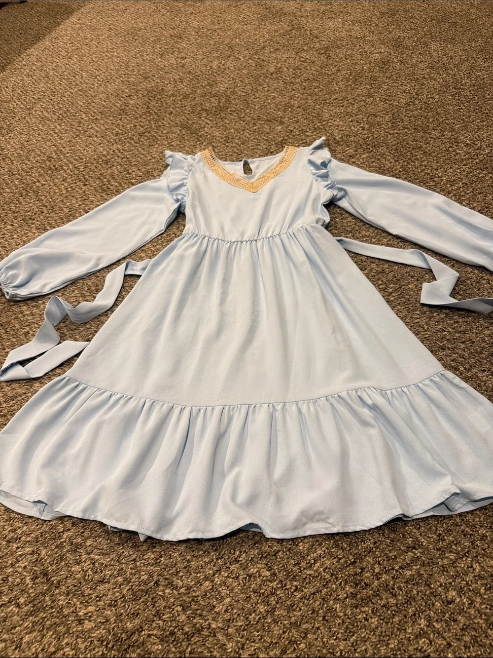 Light Blue Long Sleeve Ruffle Hem Kids Dress